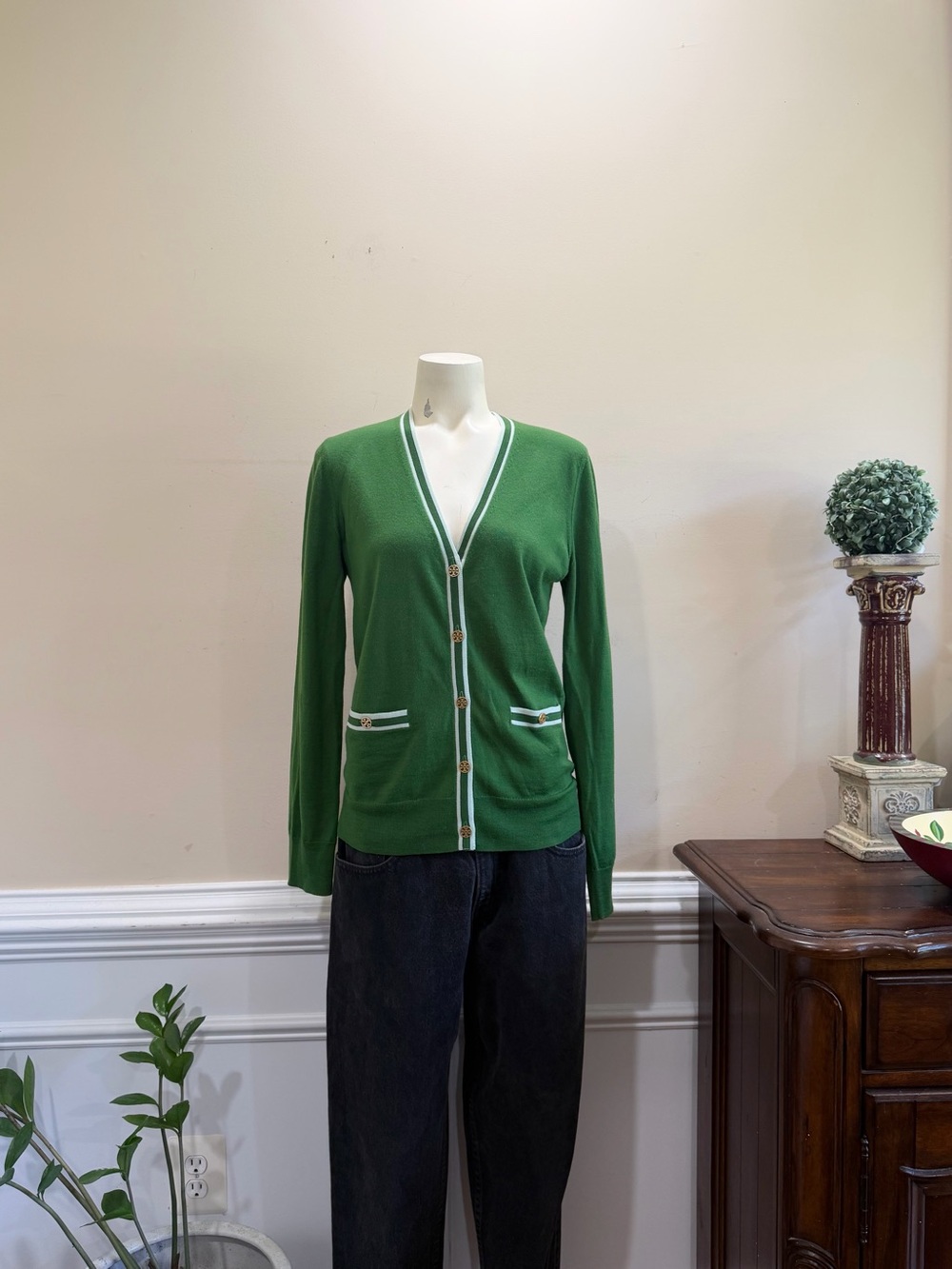 Tory Burch Green V-Neck Button Cardigan Sweater